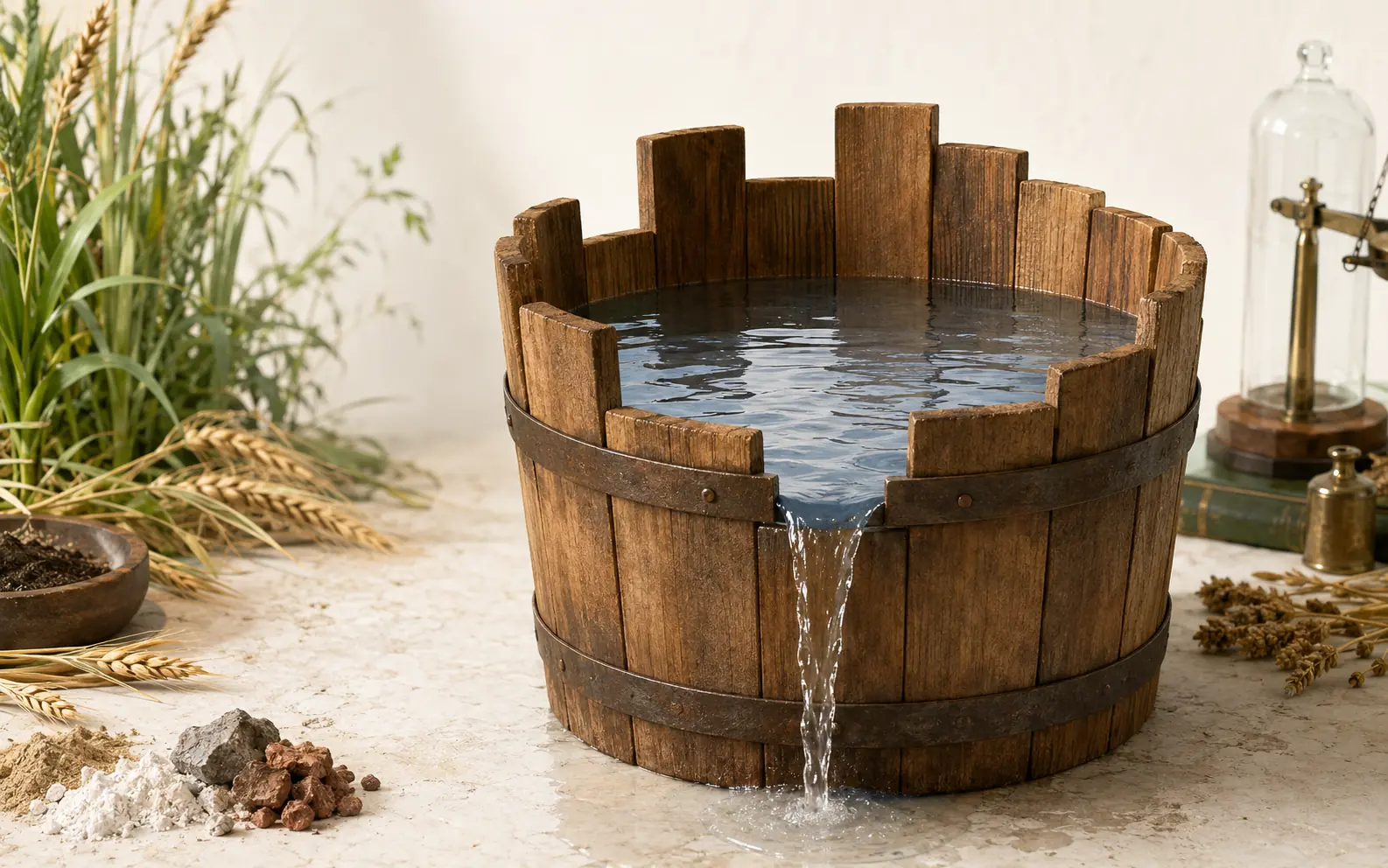 Klassisches Liebig-Fass mit unterschiedlich hohen Dauben; Wasser läuft über die kürzeste Daube ab